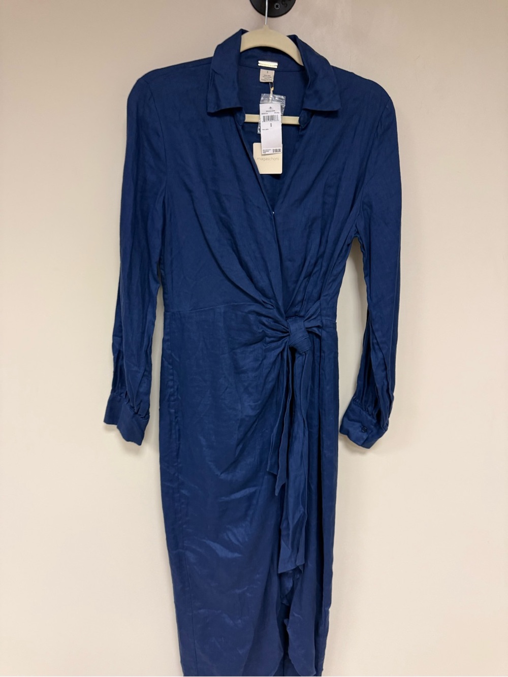Magaschoni Navy Blue Long-Sleeve Wrap Shirt Dress size 8 medium Linen NEW - Picture 2 of 7